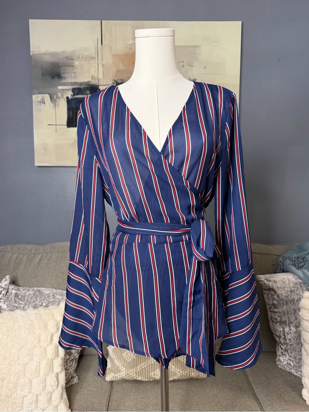QED London Striped Wrap Top Adjustable Tie Waist Bell Sleeve Blouse Size 12 NWT